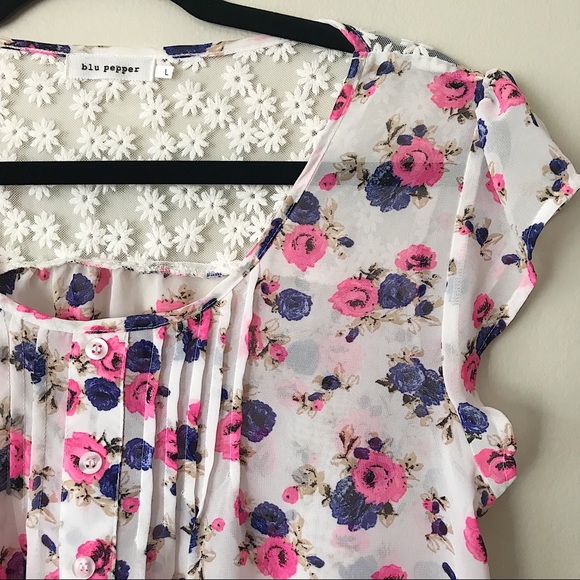 Blu Pepper Pink and Blue Floral Chiffon Blouse - Picture 2 of 4